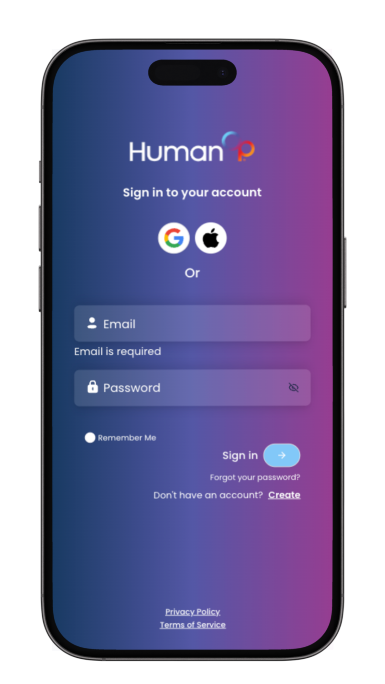 HumanOp personal development platform displayed on vertical smartphone screen, Cupertino